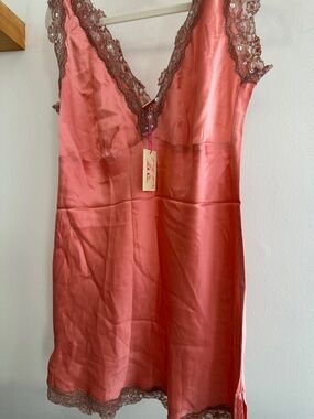 Coral Satin Lace-Trim Night Slip with Brown Accents
